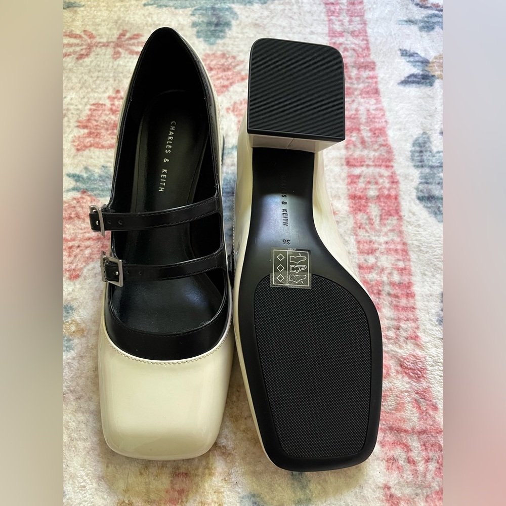 Charles & Keith Patent double buckle two-tone Mary Janes NWOT